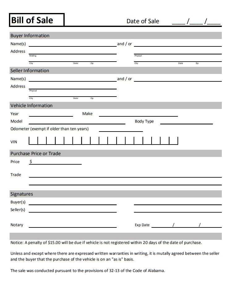 Truck Bill Of Sale Form Template